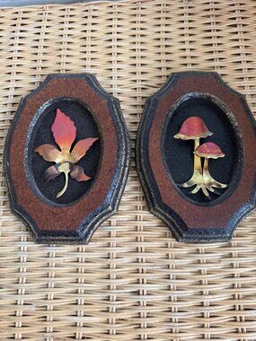 Vintage 70s Press Wood Plaques Copper Brutalist Mushrooms Leaf Boho Retro